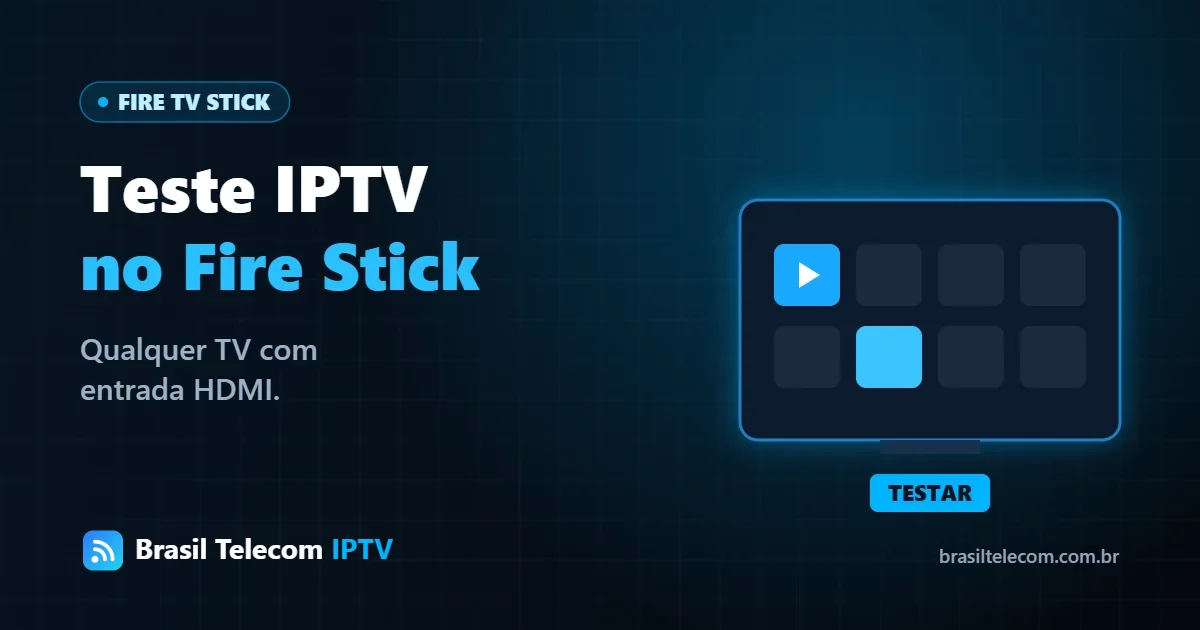 Teste IPTV no Fire TV Stick: stick conectado na entrada HDMI da TV com controle remoto — Brasil Telecom IPTV